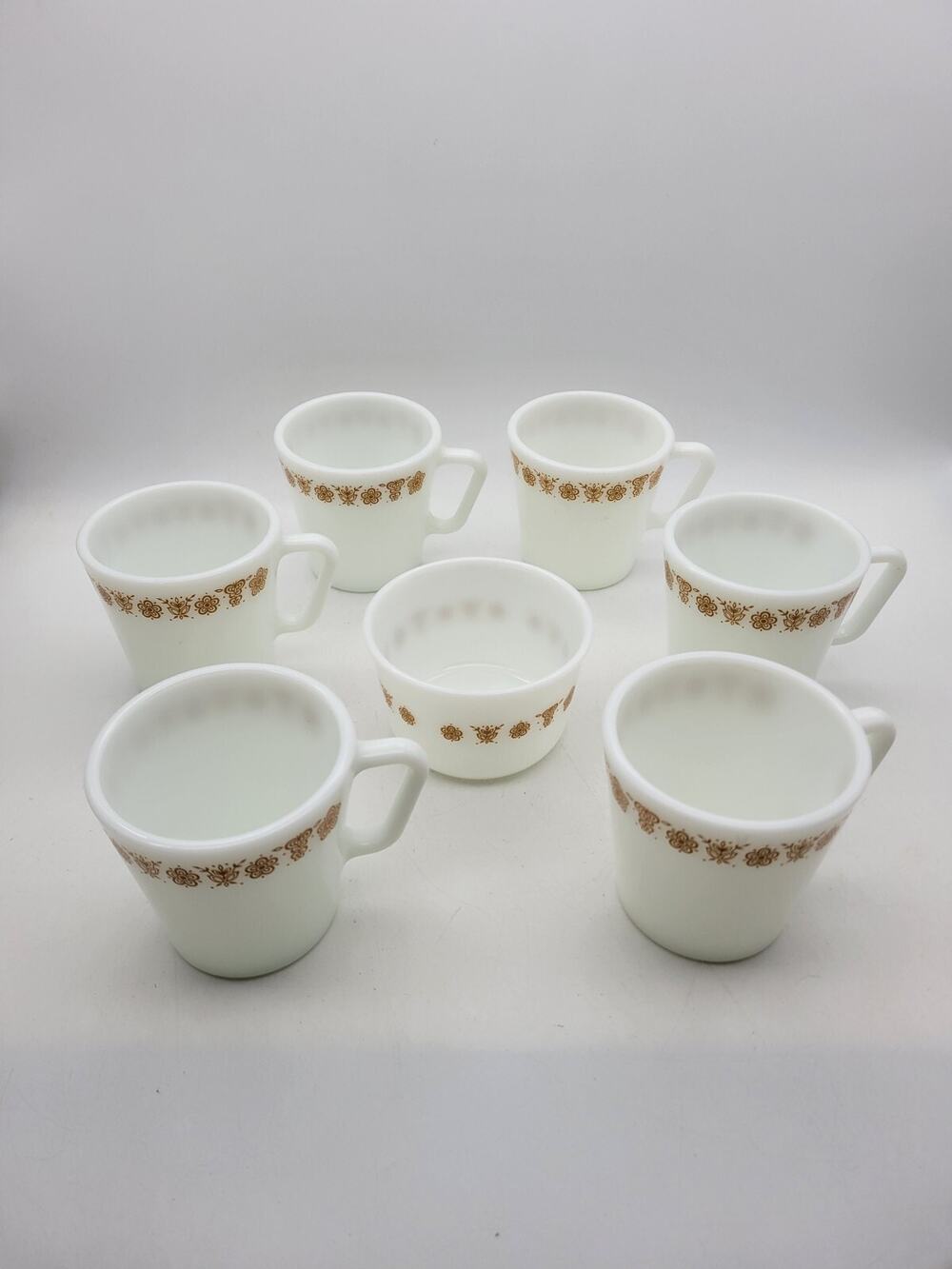 7 Pc Vintage PYREX Butterfly Gold D-Handle Coffee 300 mL 6 Cup 3.5" 1 Bowl 1410